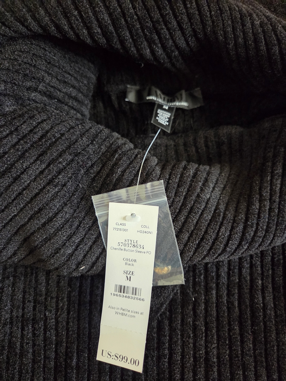 WHBM Black Ribbed Chenille Turtleneck Sweater Gold Button Detail - NWT- MEDIUM - Picture 6 of 7